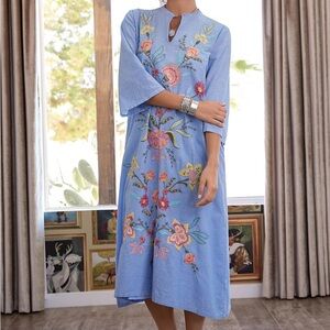 Johnny Was Blue Long Sleeve Resort Dress CAMELLIA MANDARIN COLLAR DRESS